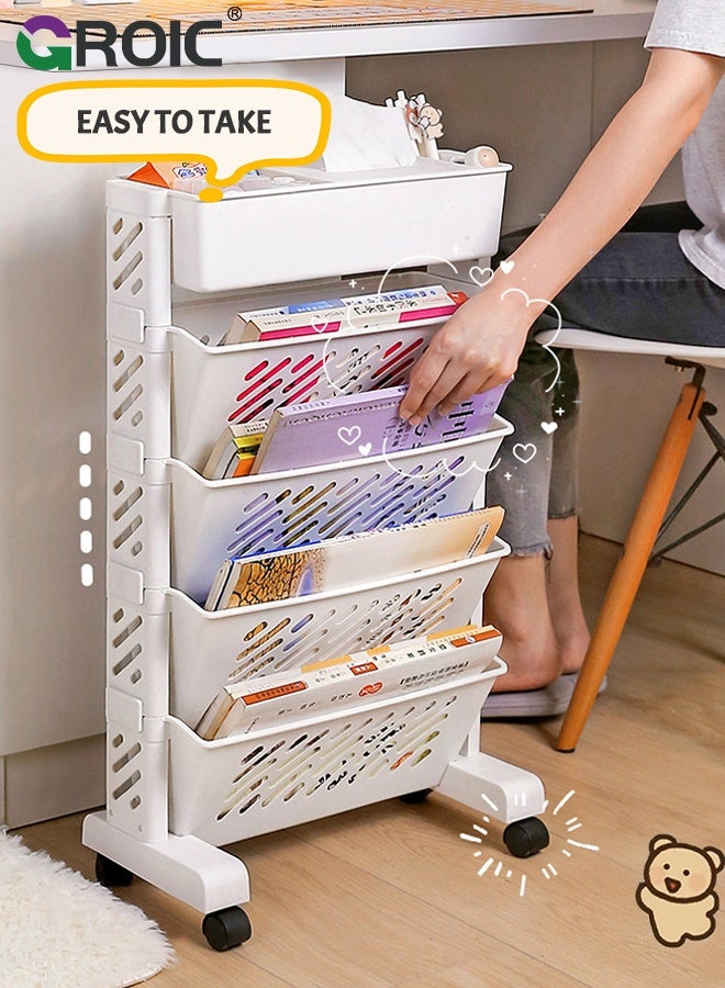 GROIC Mobile Bookshelf, Plastic 5-Layer Book Storage Rack, Movable File Folder Organizer Cart with Wheels for Home Study Office Living Room Classroom, Bookcase for Narrow Space, Rolling Bookcase - Image 5